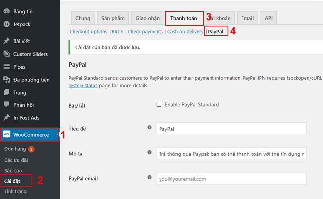 Instructions for setting up Paypal payments for WooCommerce